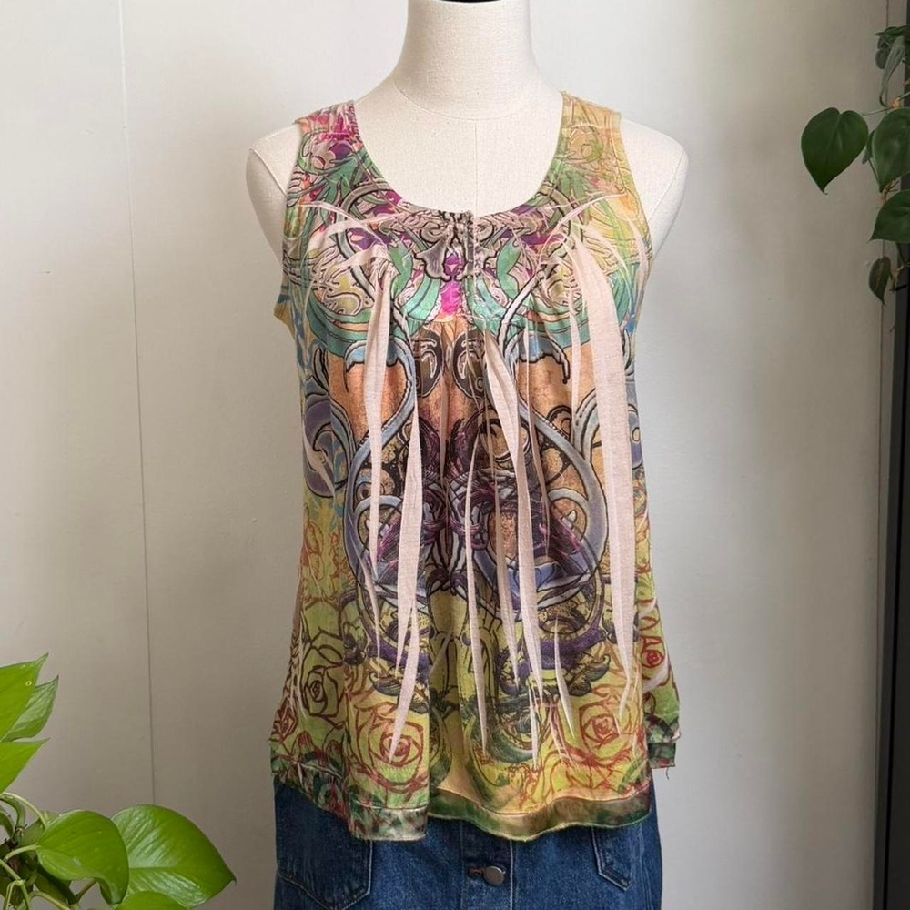 Apt 9 Y2K Floral Paisley Satin Detail Tank Top Yellow Multi Ornate Small